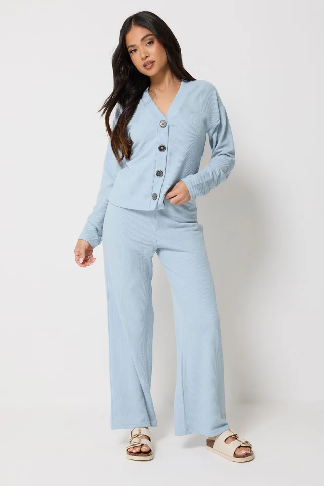 PixieGirl Petite Light Blue Ribbed Wide Leg Trousers