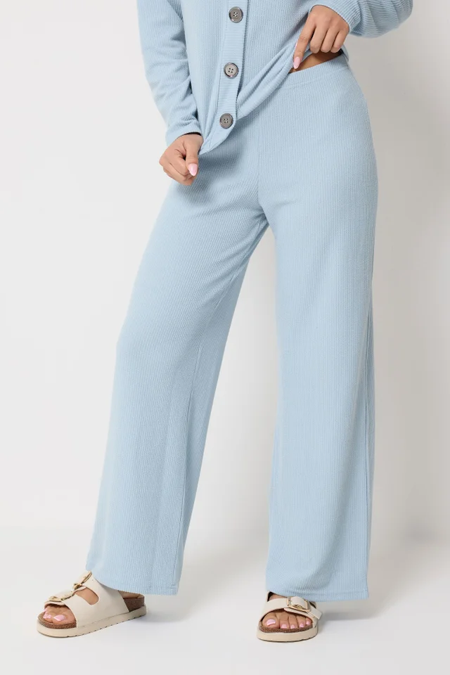 PixieGirl Petite Light Blue Ribbed Wide Leg Trousers