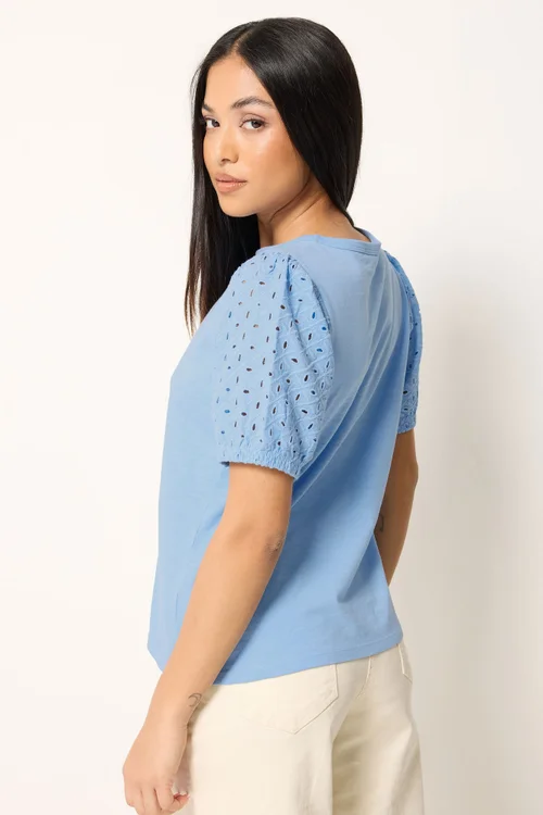 M&Co Petite Blue Broderie Puff Sleeve Top - 10 Image 3