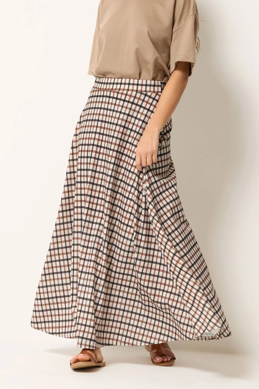 PixieGirl Petite Natural Brown Check Maxi Skirt - 10 Image 2