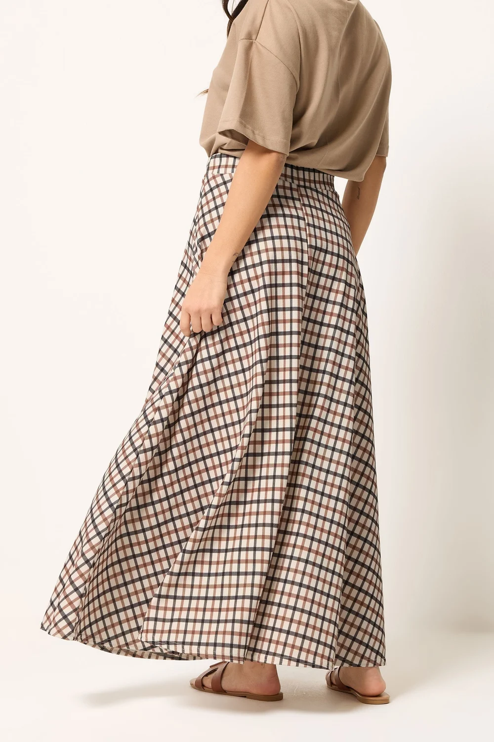 PixieGirl Petite Natural Brown Check Maxi Skirt - 10 Image 3