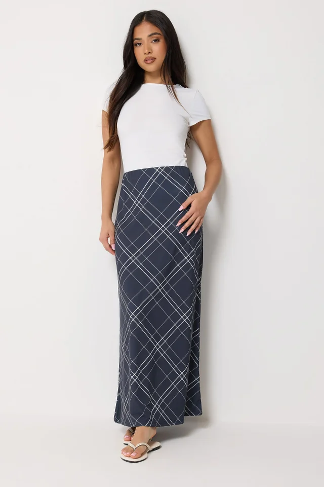 PixieGirl Petite Navy Blue Check Maxi Skirt