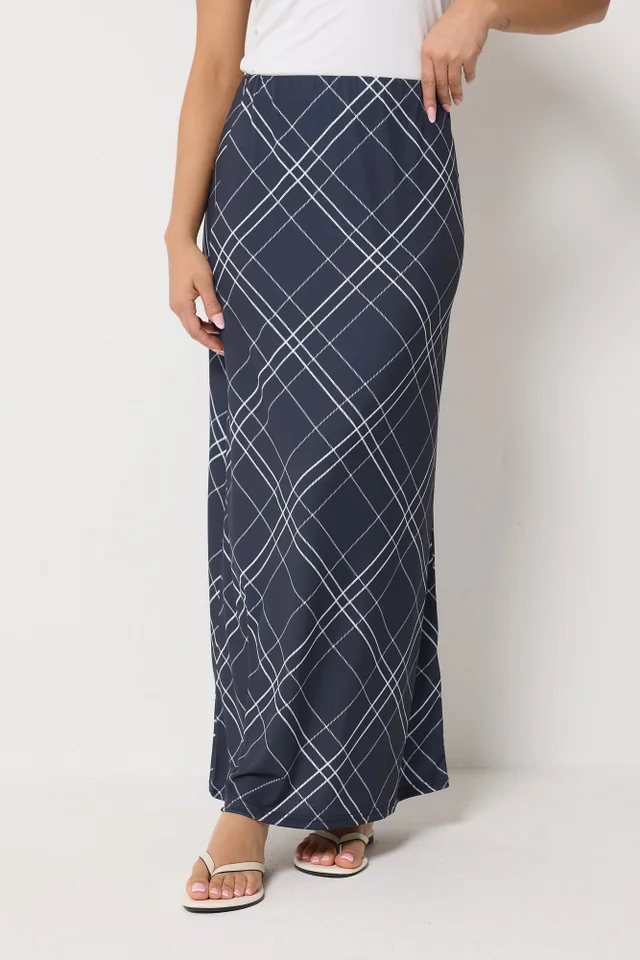 PixieGirl Petite Navy Blue Check Maxi Skirt