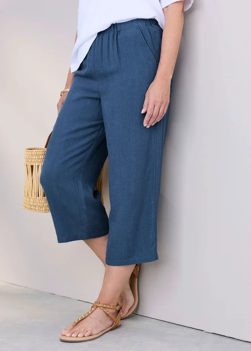 Cotton Traders Steel Blue Viscose Linen Blend Cropped Trousers - 8 Image 1
