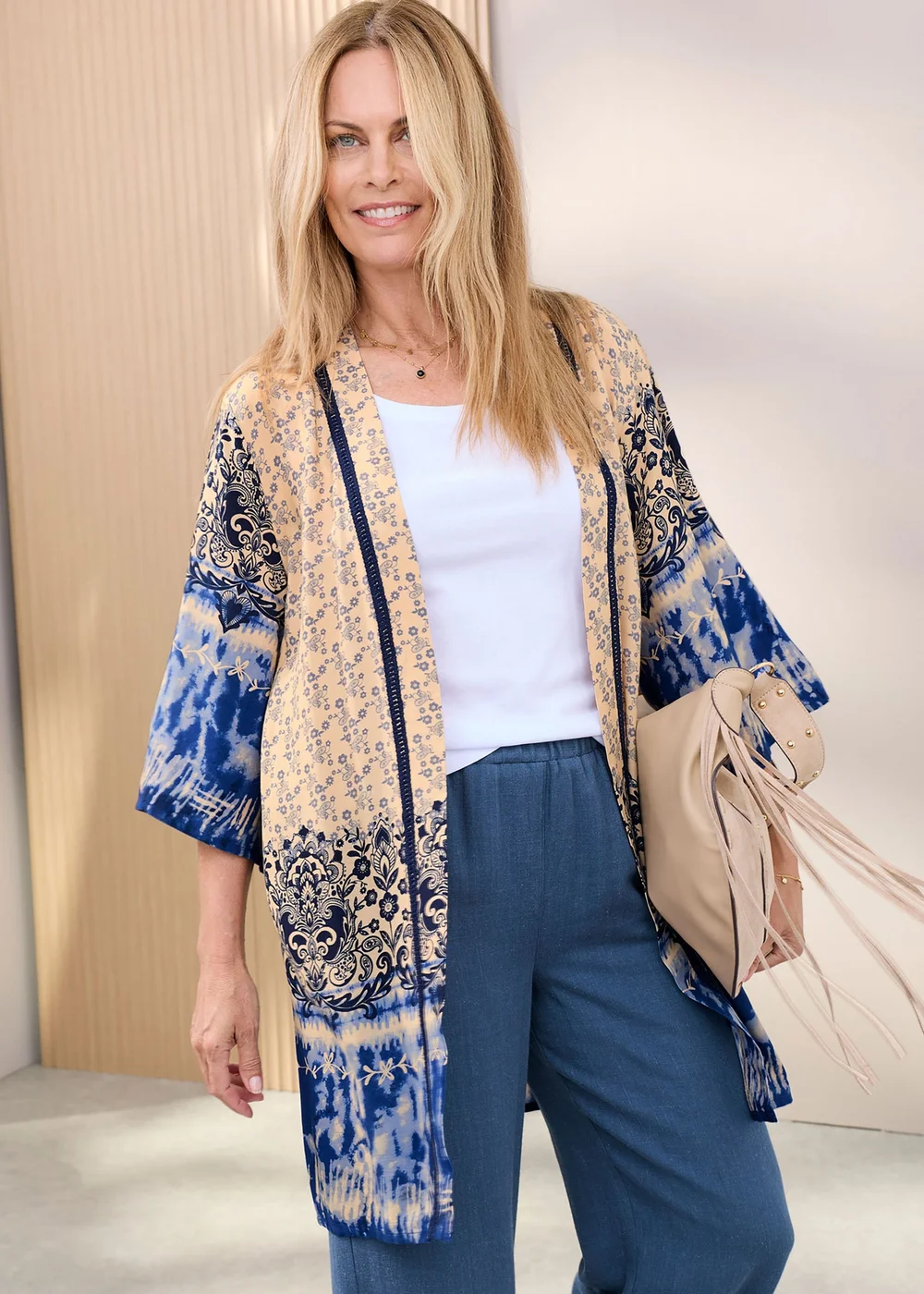 Cotton Traders Steel Blue Long Printed Kimono - 14 Image 1