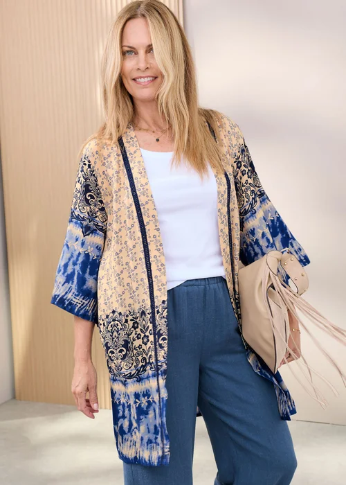 Cotton Traders Steel Blue Long Printed Kimono - 14 Image 1