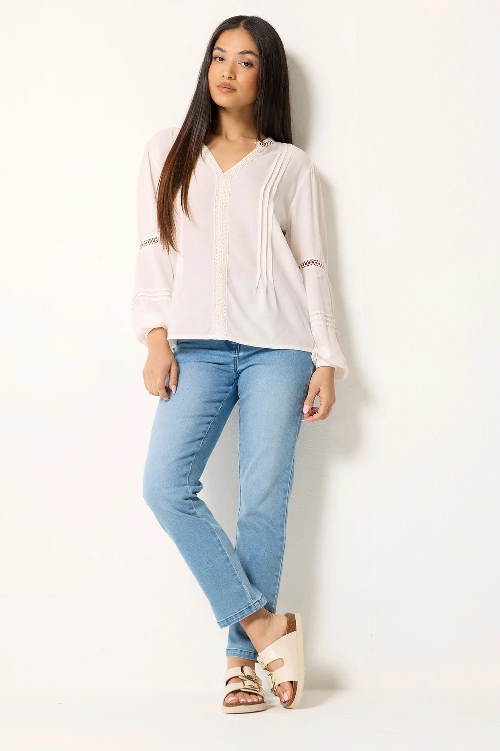 M&Co Petite Ivory White Crochet Trim Pintuck Blouse - 16 Image 2