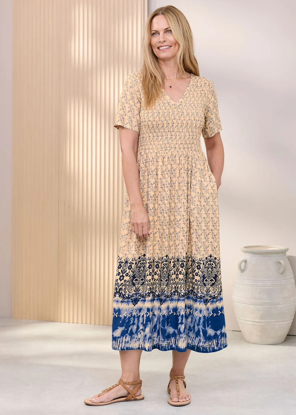 Cotton Traders Steel Blue V- Neck Printed Maxi Dress - 8 Image 1