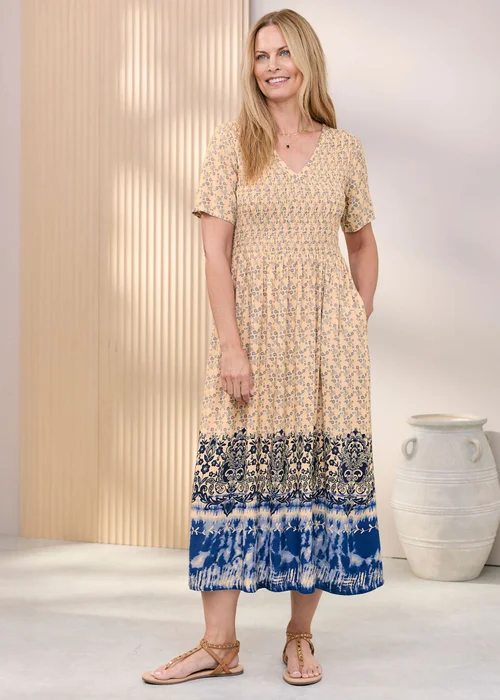 Cotton Traders Steel Blue V- Neck Printed Maxi Dress - 8 Image 1