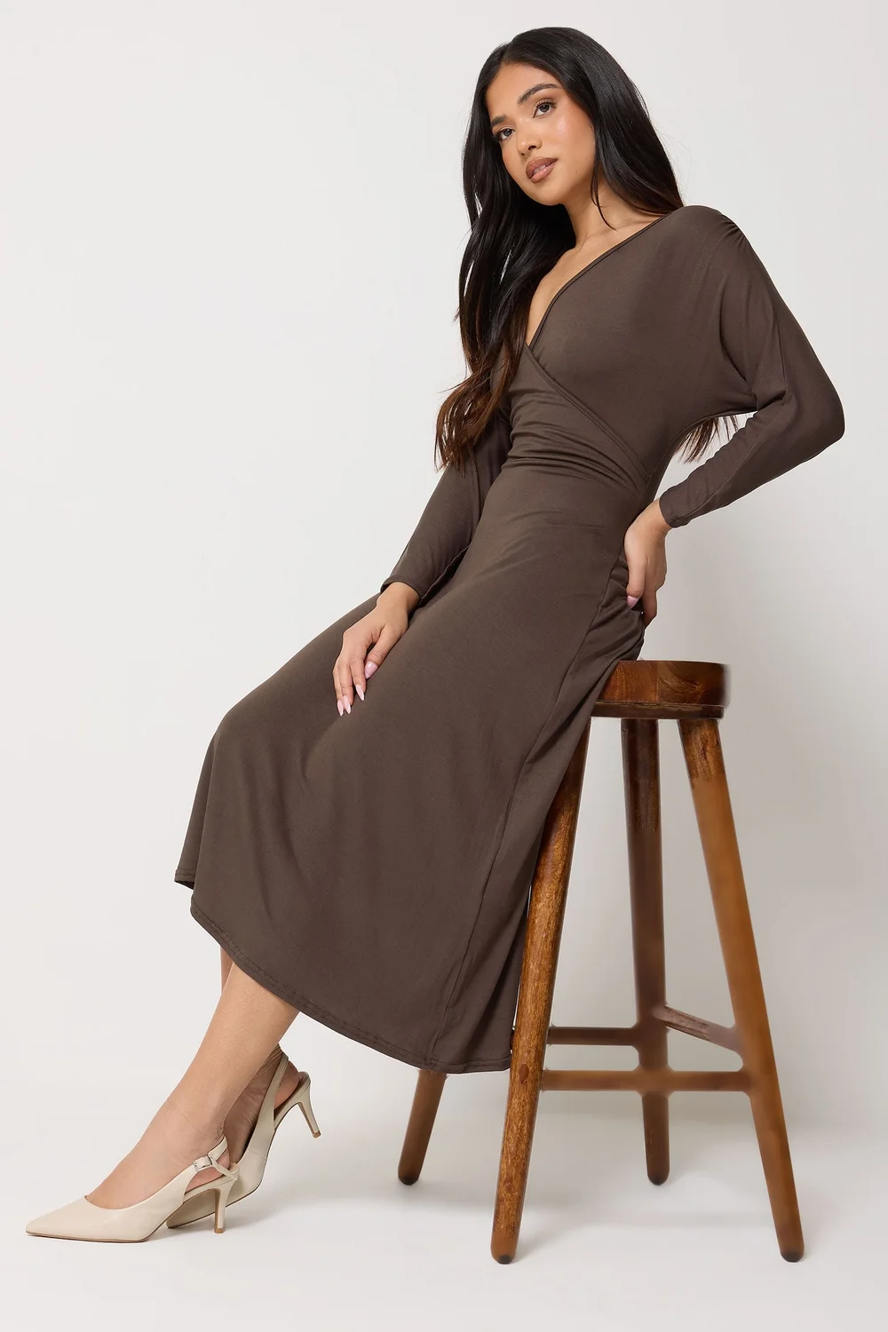 PixieGirl Petite Chocolate Brown Wrap Midi Dress - 14 Image 1