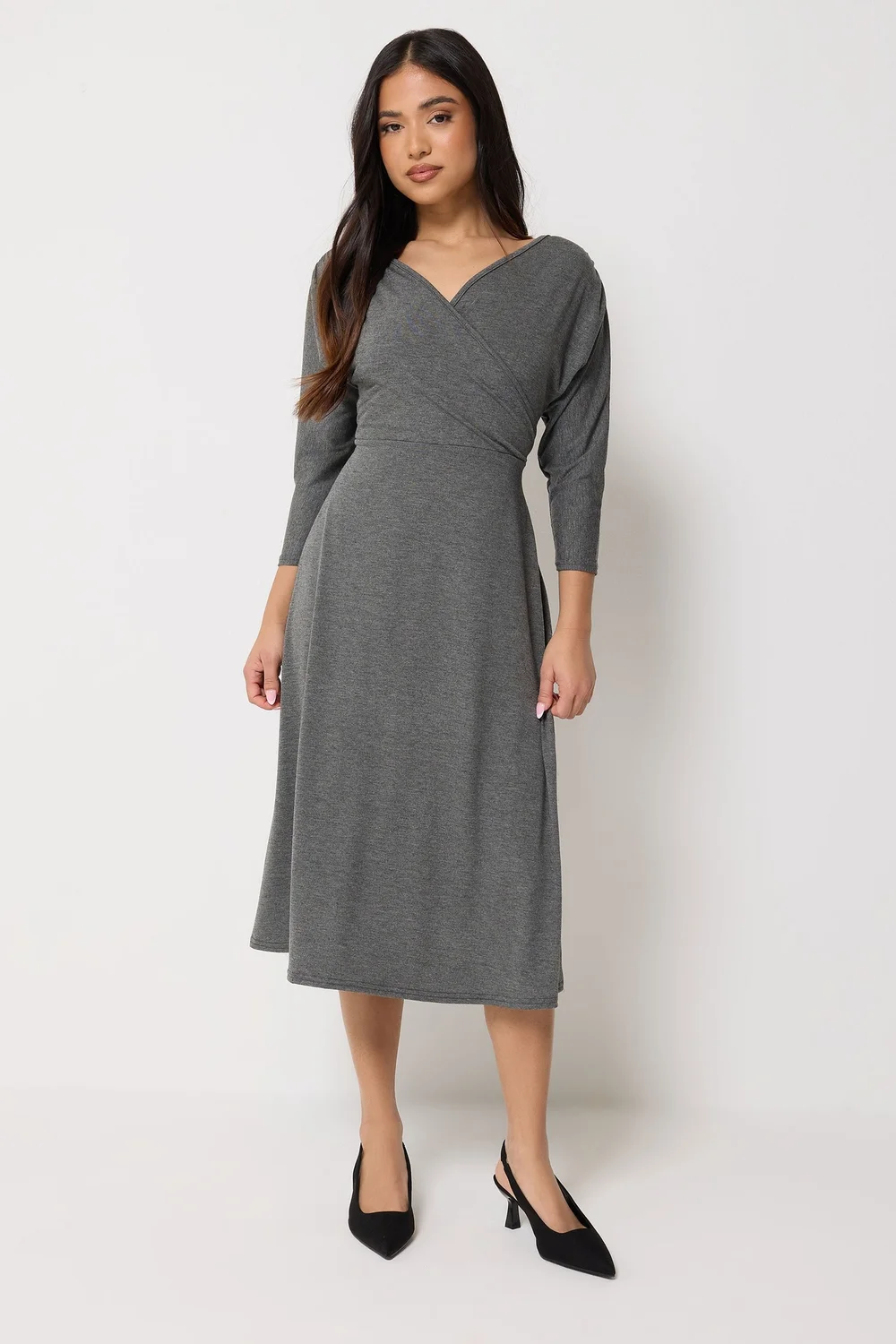 PixieGirl Petite Charcoal Grey Wrap Midi Dress - 16 Image 1