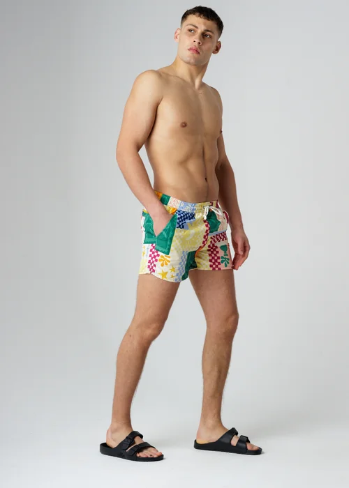Influence Green Elasticated Gingham Tropical Print Swim Shorts - S Image 3