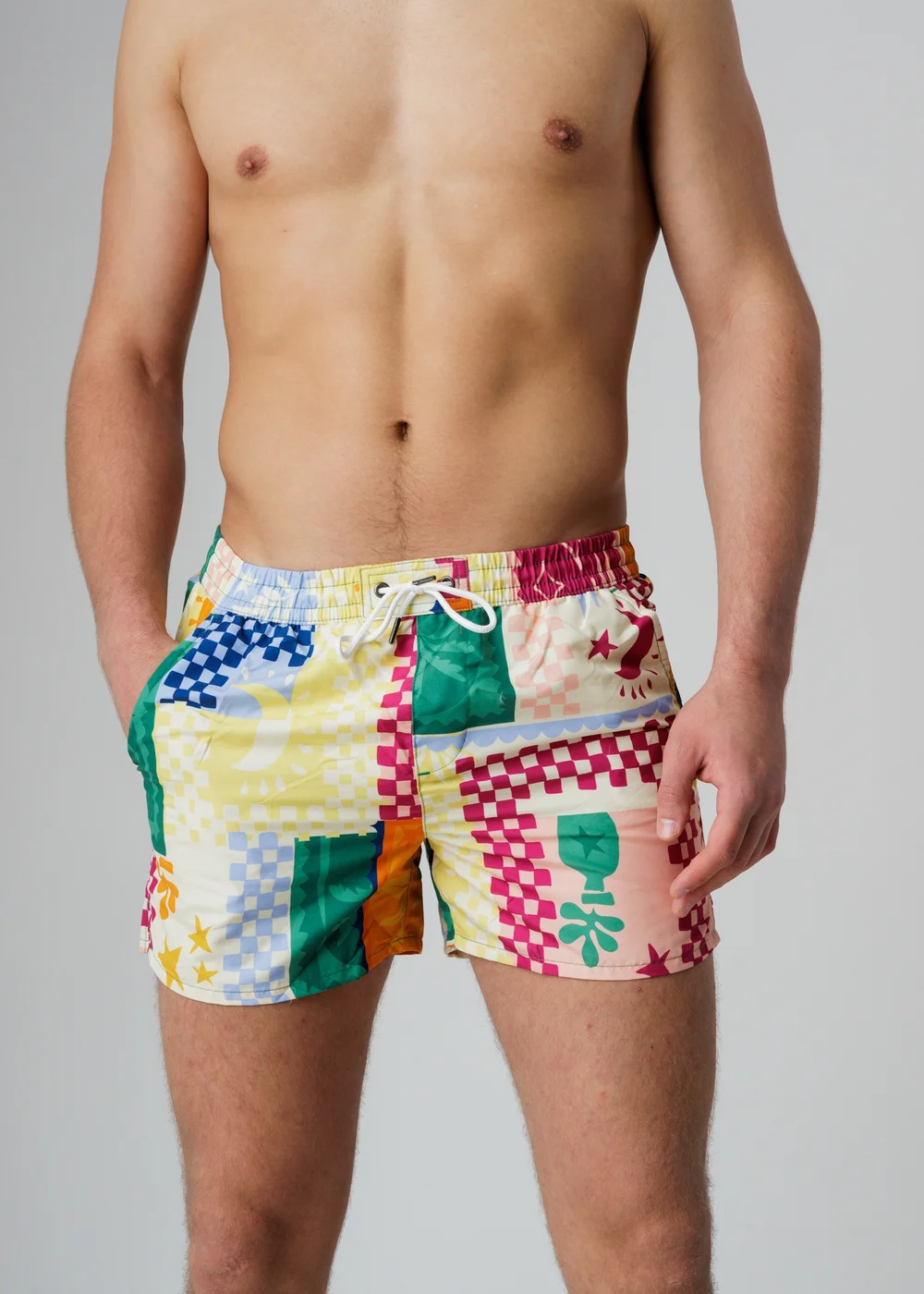 Influence Green Elasticated Gingham Tropical Print Swim Shorts - S Image 2