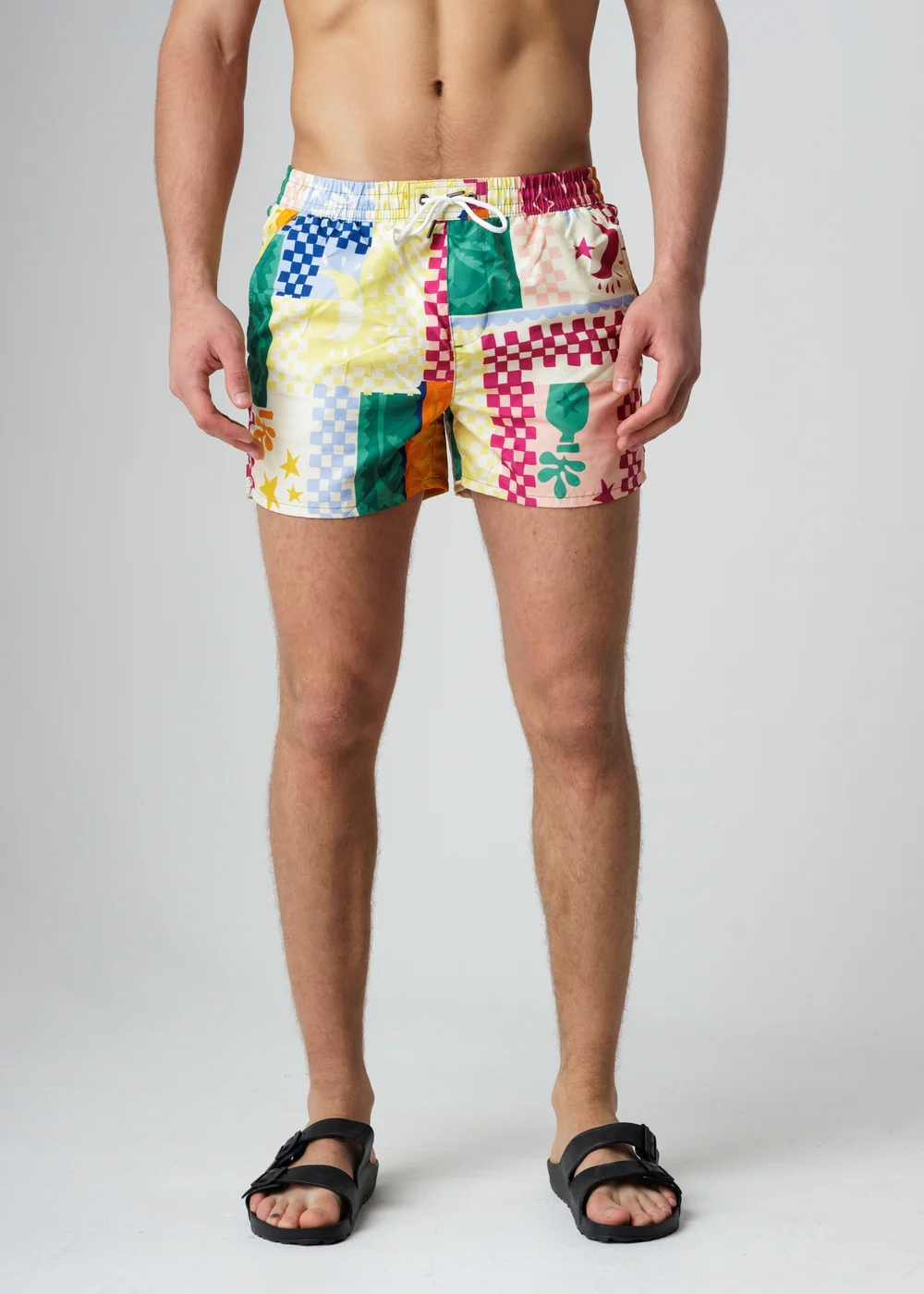Influence Green Elasticated Gingham Tropical Print Swim Shorts - S Image 1