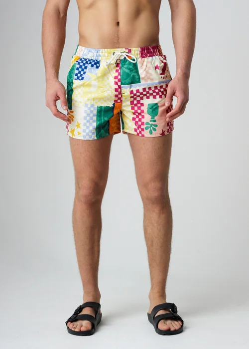 Influence Green Elasticated Gingham Tropical Print Swim Shorts - S Image 1