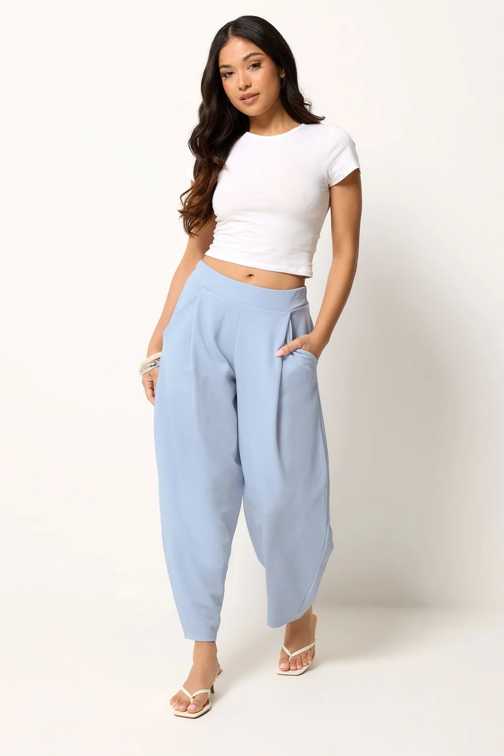 PixieGirl Petite Blue Crinkle Barrel Leg Trousers - 8/L27 Image 1