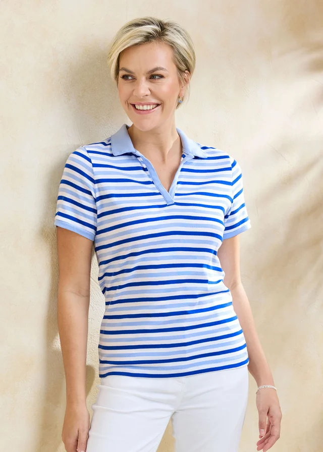 Cotton Traders Bluebell Wrinkle Free Short Sleeve Stripe Polo