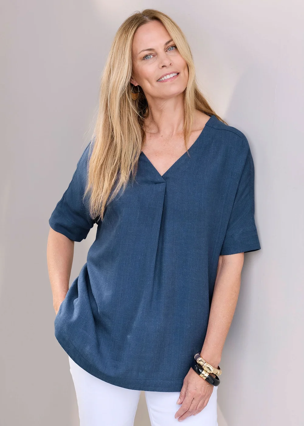 Cotton Traders Steel Blue Viscose Linen Blend Top - 10 Image 2
