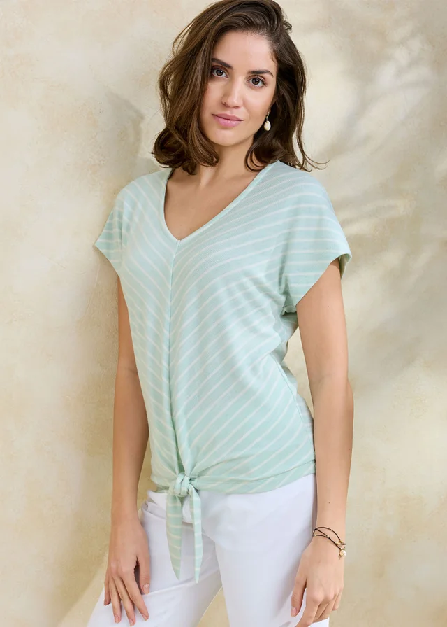 Cotton Traders Iced Mint Tie Front Stripe Jersey Top