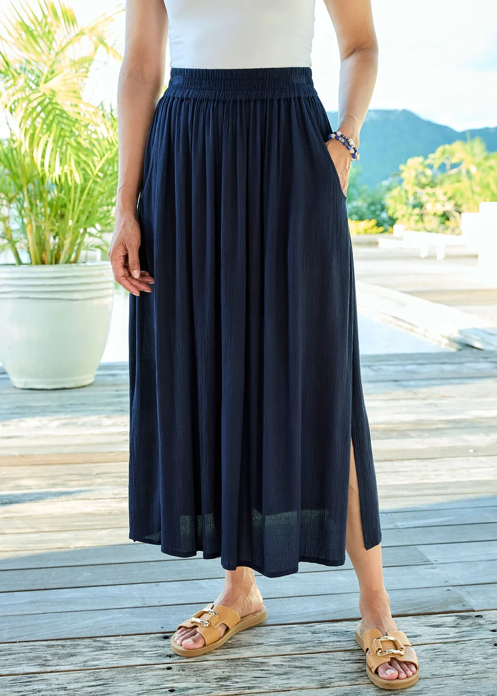 Cotton Traders Navy Pull On Crinkle Maxi Skirt - 20 Image 2