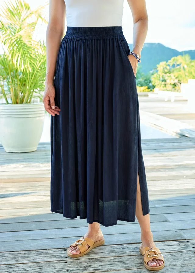 Cotton Traders Navy Pull On Crinkle Maxi Skirt