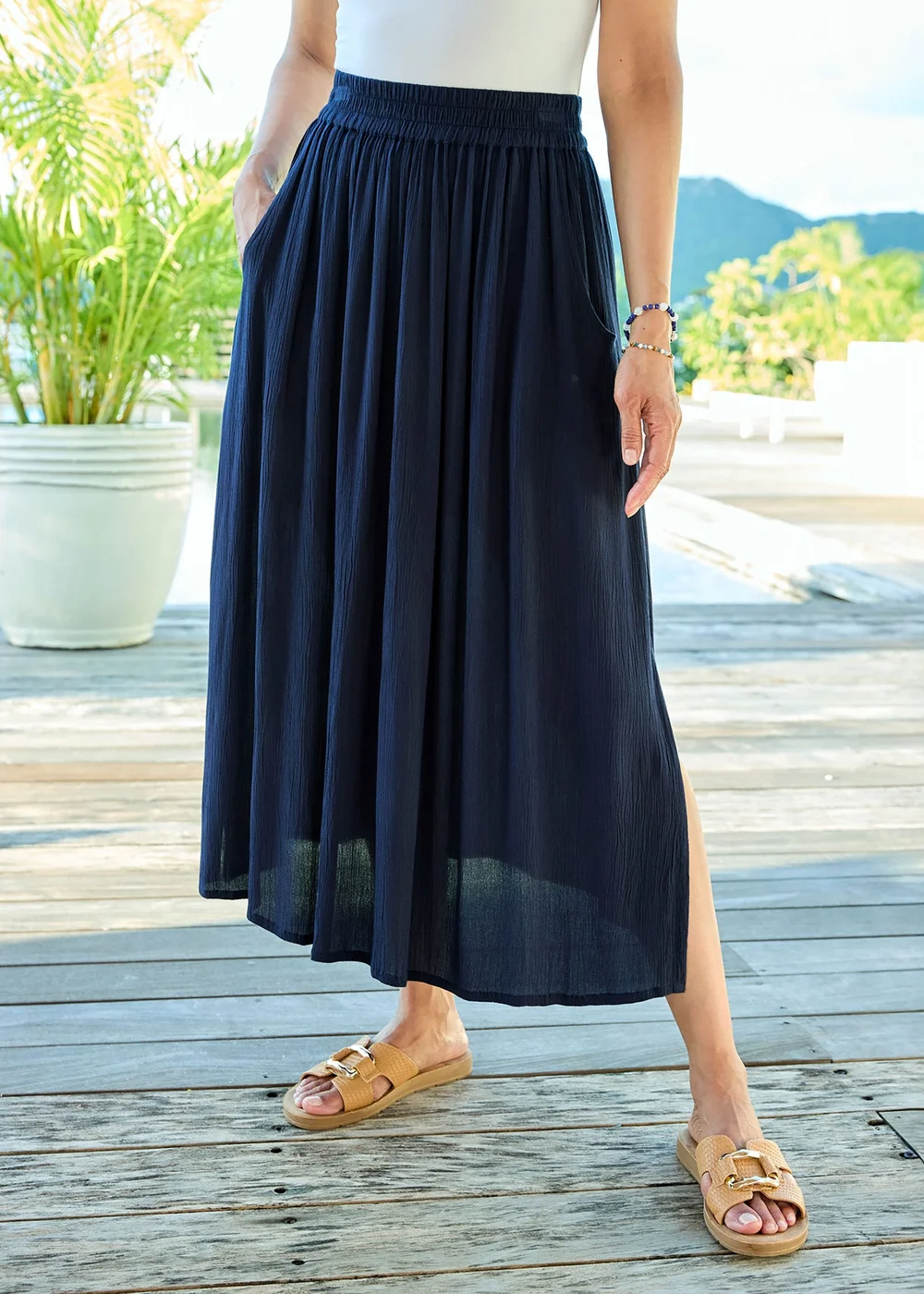 Cotton Traders Navy Pull On Crinkle Maxi Skirt - 20 Image 1