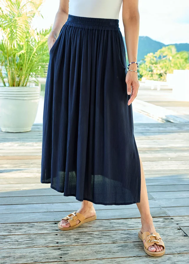 Cotton Traders Navy Pull On Crinkle Maxi Skirt