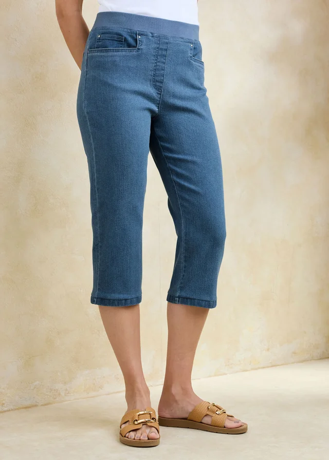 Cotton Traders Washed Blue Premium Pull On Rib Waist Cropped Denim Jeans