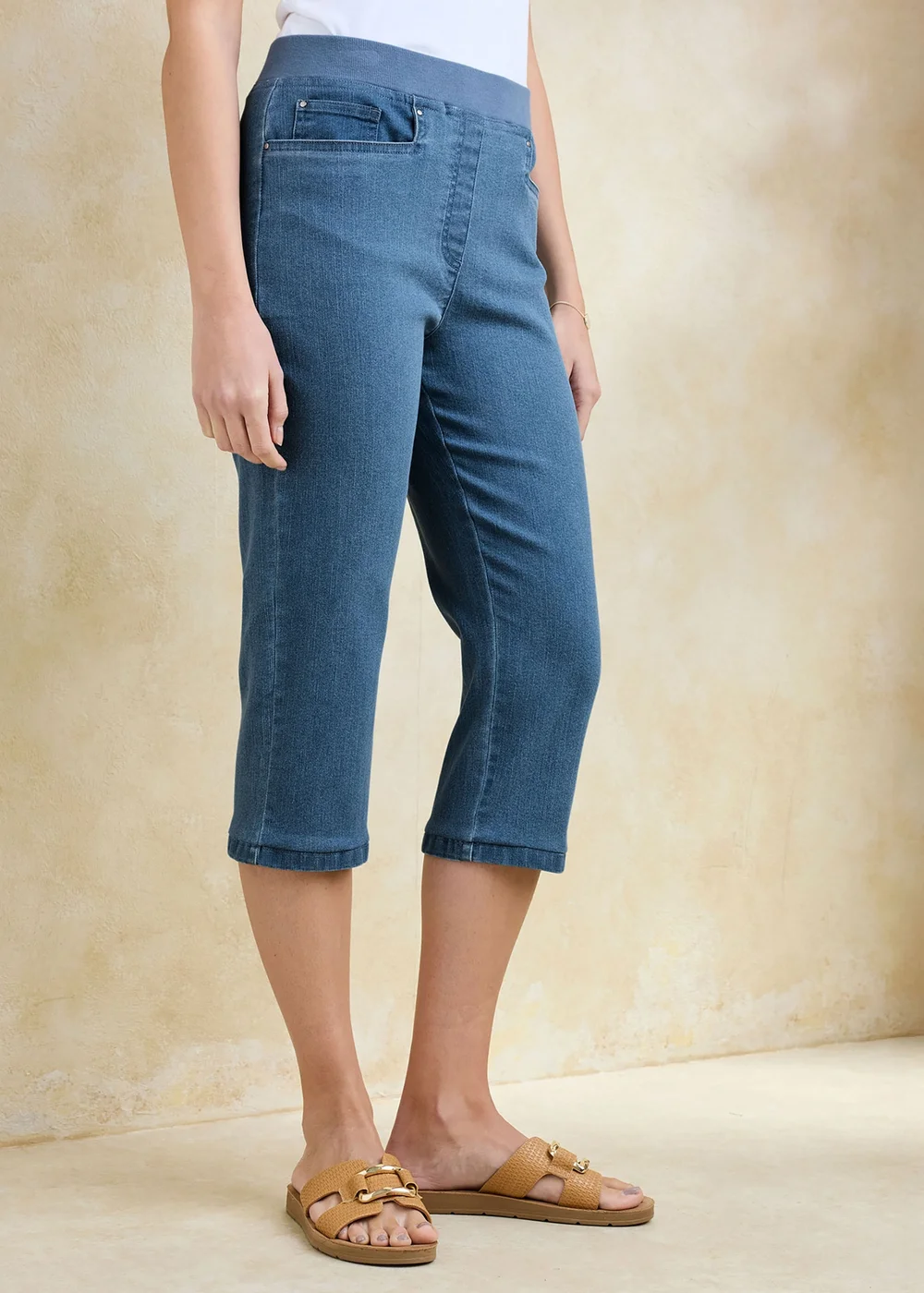 Cotton Traders Washed Blue Premium Pull On Rib Waist Cropped Denim Jeans - 12 Image 1