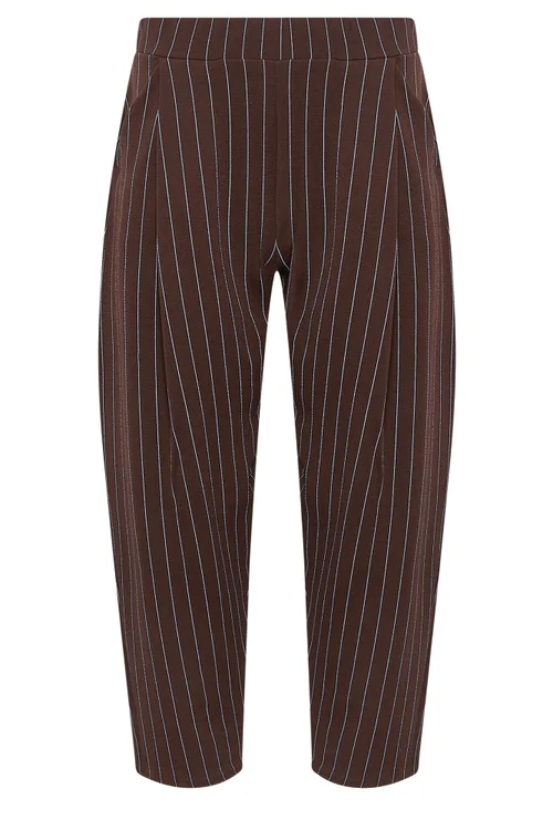 PixieGirl Petite Chocolate Brown Pinstripe Barrel Leg Trousers - 6/L27 Image 5