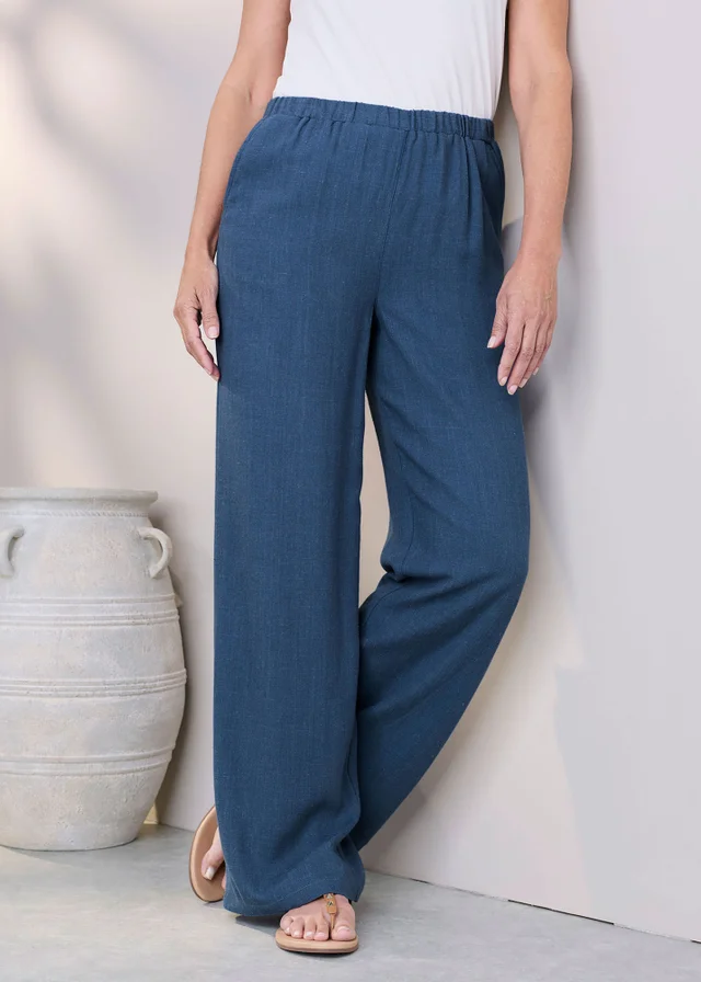Cotton Traders Steel Blue Viscose Linen Blend Trousers