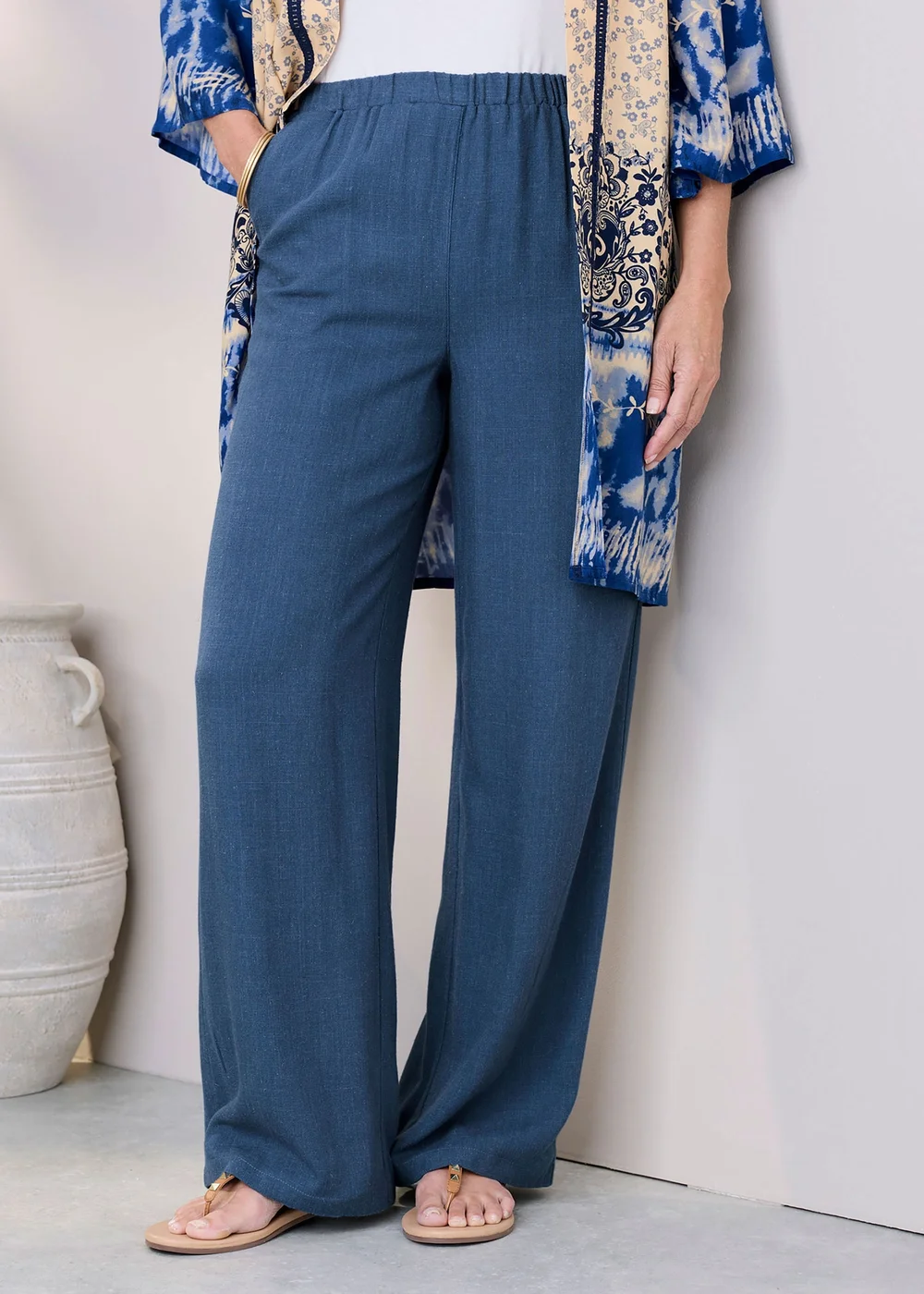 Cotton Traders Steel Blue Viscose Linen Blend Trousers - 18/L31 Image 1