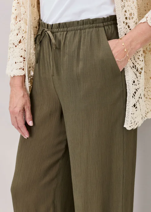 Cotton Traders Mid Khaki Crinkle Pull On Wide Leg Trousers - 20/l27 Image 4