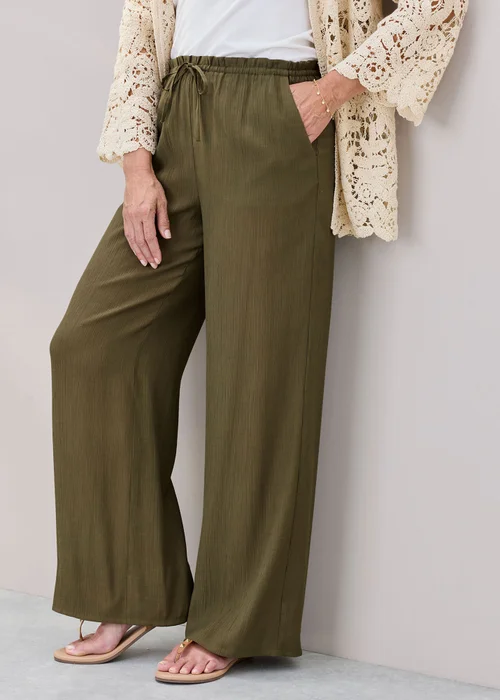 Cotton Traders Mid Khaki Crinkle Pull On Wide Leg Trousers - 20/l27 Image 1