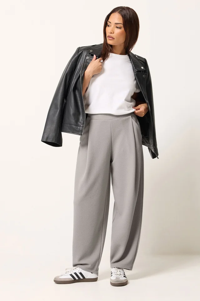 PixieGirl Petite Grey Crinkle Barrel Leg Trousers