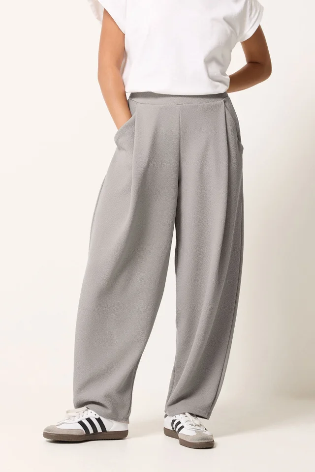 PixieGirl Petite Grey Crinkle Barrel Leg Trousers