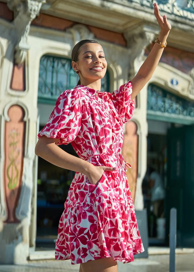 Yumi Pink Floral Print Viscose Relaxed Shirt Dress
