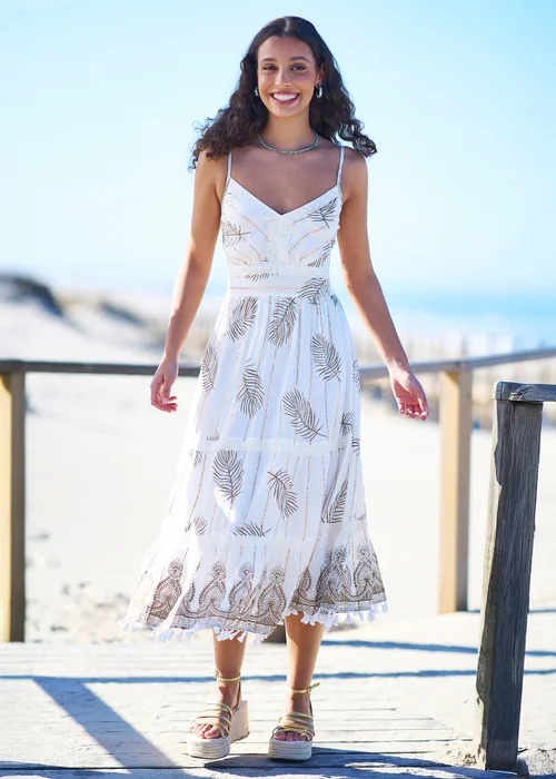 Yumi Ivory Foil Print Midi Sun Dress With Lace Trims - 16 Image 1