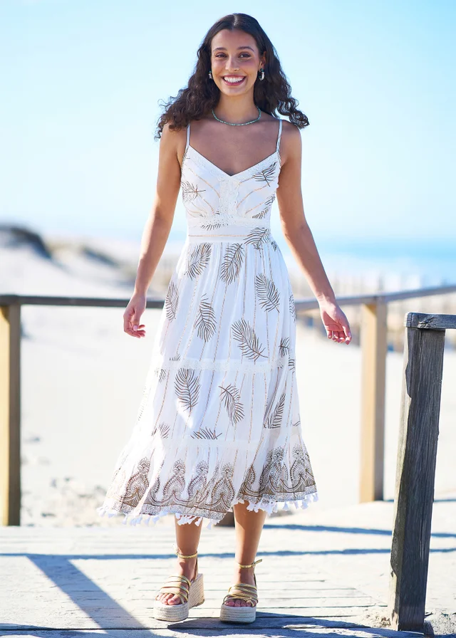 Yumi Ivory Foil Print Midi Sun Dress With Lace Trims
