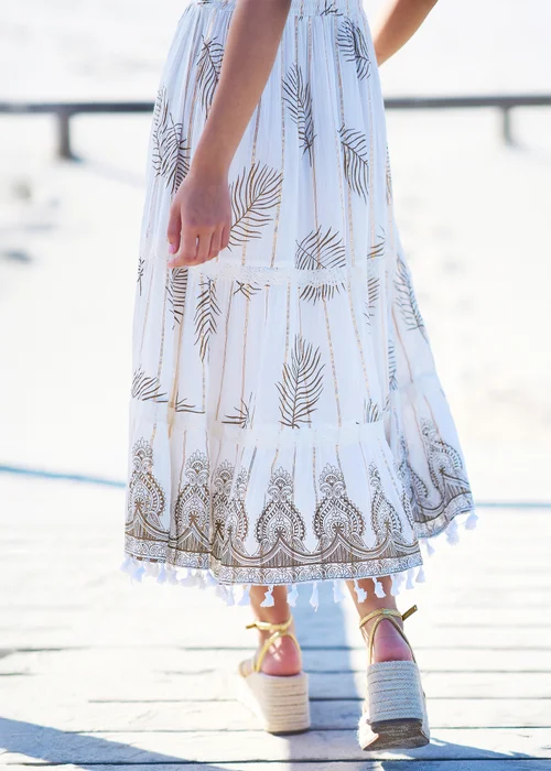 Yumi Ivory Foil Print Midi Sun Dress With Lace Trims - 16 Image 3