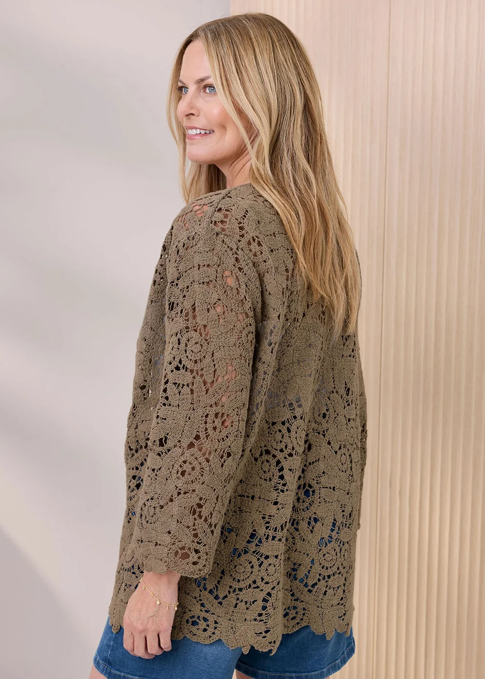 Cotton Traders Mid Khaki Crochet Cardigan - 14-16 Image 3