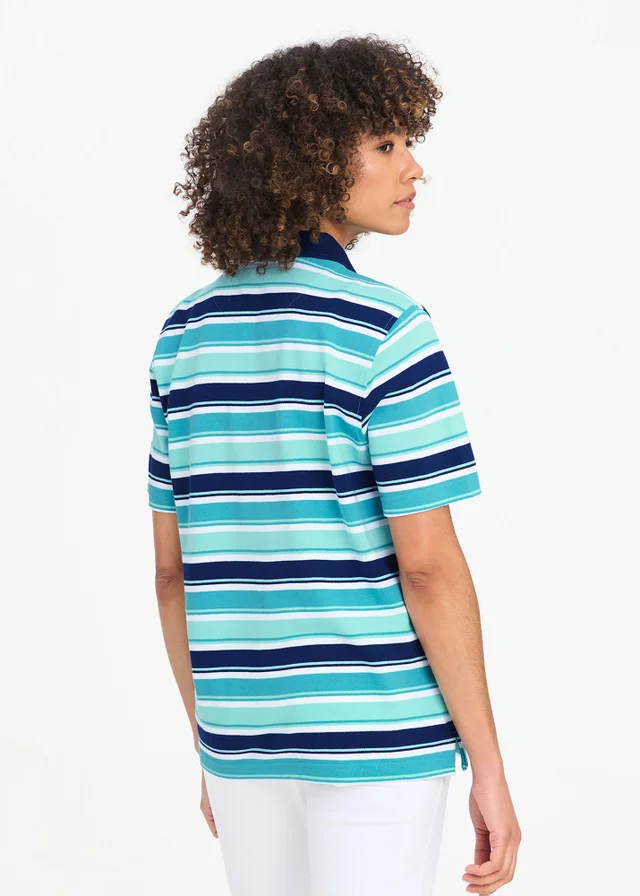 Cotton Traders Aqua Short Sleeve Stripe Polo Aqua Marine