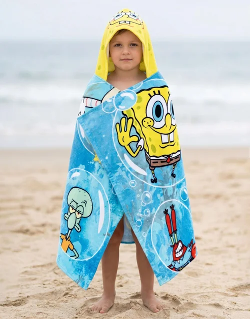 Vanilla Underground SpongeBob SquarePants Boys Blue Multi Character Poncho Towel (One Size) - One Size Image 3
