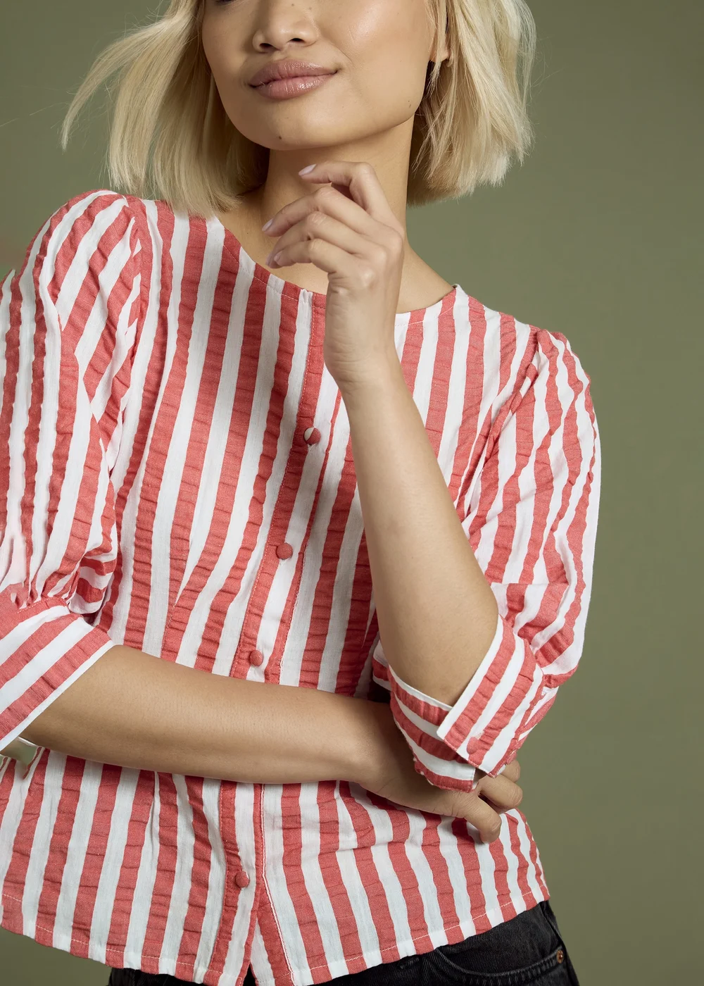 Neon Rose Red Cotton Nautical Stripe Puff Sleeve Blouse - L Image 3