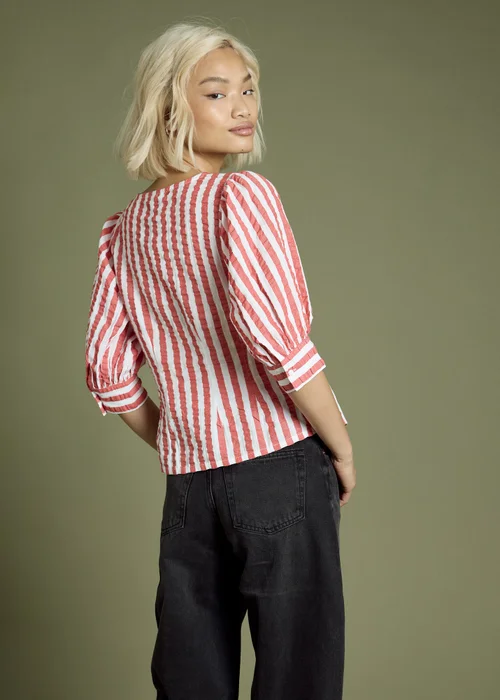 Neon Rose Red Cotton Nautical Stripe Puff Sleeve Blouse - L Image 2