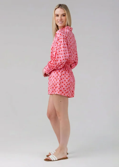 Wednesday’s Girl Pink Polka Dot Satin-Style Plunge Neck Tie Long Sleeve Playsuit - 14 Image 3