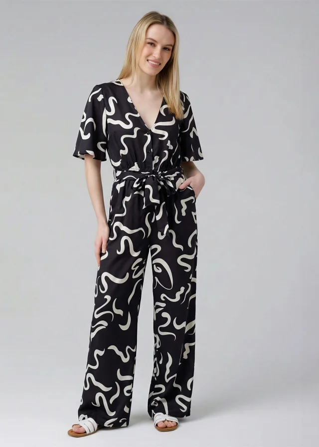Wednesday’s Girl Black Smudge Print V-Neck Button Tie Fastening Wide-Leg Jumpsuit
