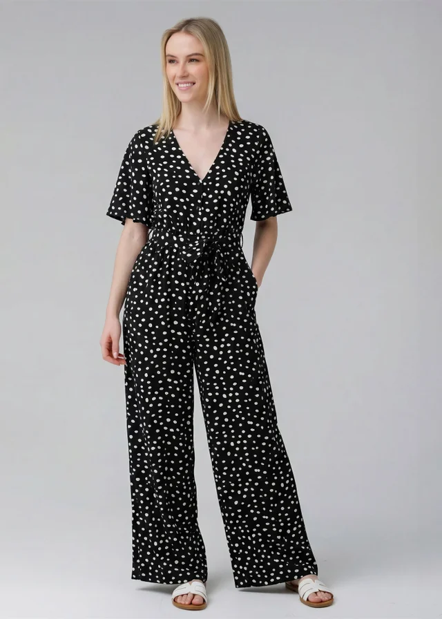 Wednesday’s Girl Black Polka Dot V-Neck Button Tie Fastening Wide-Leg Jumpsuit
