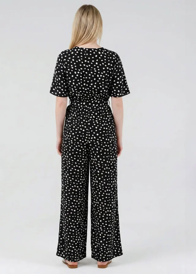 Wednesday’s Girl Black Polka Dot V-Neck Button Tie Fastening Wide-Leg Jumpsuit