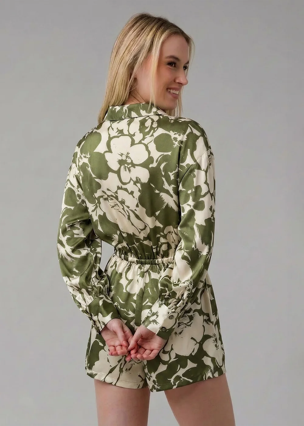 Wednesday’s Girl Green Floral Print Satin-Style Plunge Neck Tie Long Sleeve Playsuit - 14 Image 2